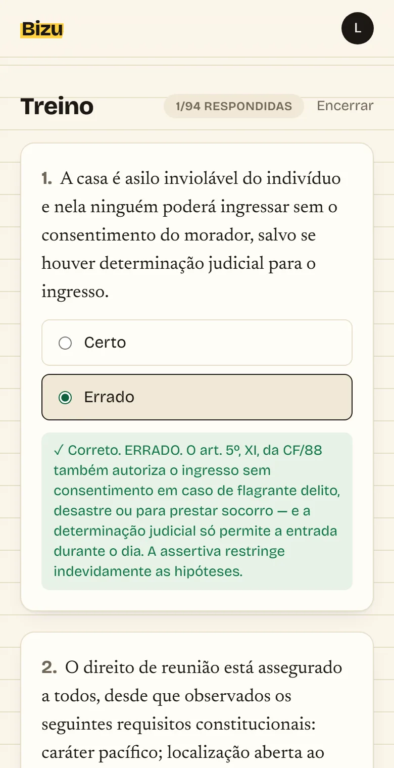 Gabarito comentado do Bizu em uma tela de celular