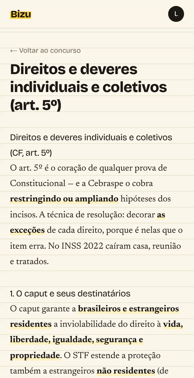 Material de estudo do Bizu organizado para leitura no celular