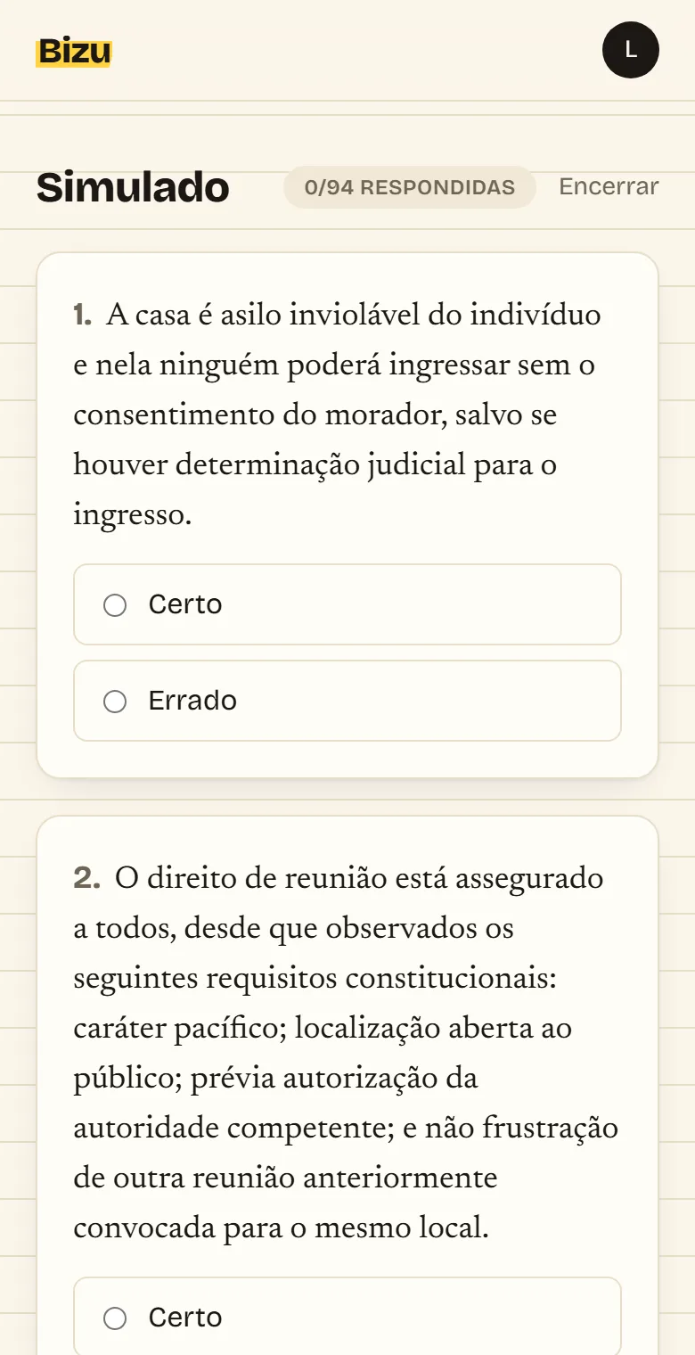 Questão de simulado do Bizu em uma tela de celular